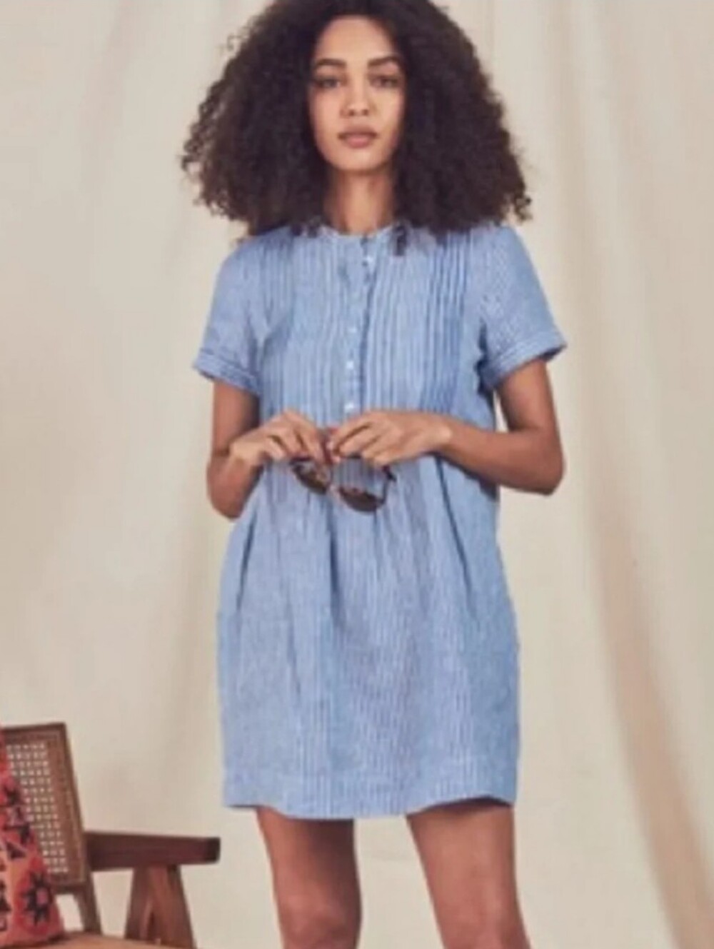 Faherty Gemima Mini Dress Blue White Stripe Linen Fabric Pleats Short Sleeve XS